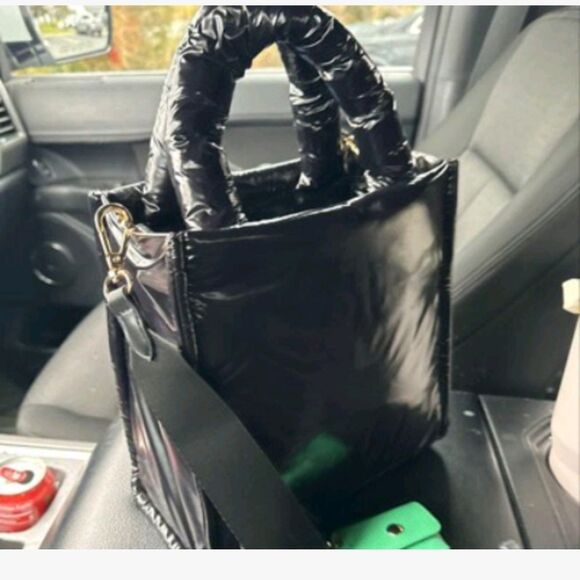 A New Day Black Patent Leather Puffer Midi Boxy Tote Crossbody Handbag -NWT - Picture 6 of 6